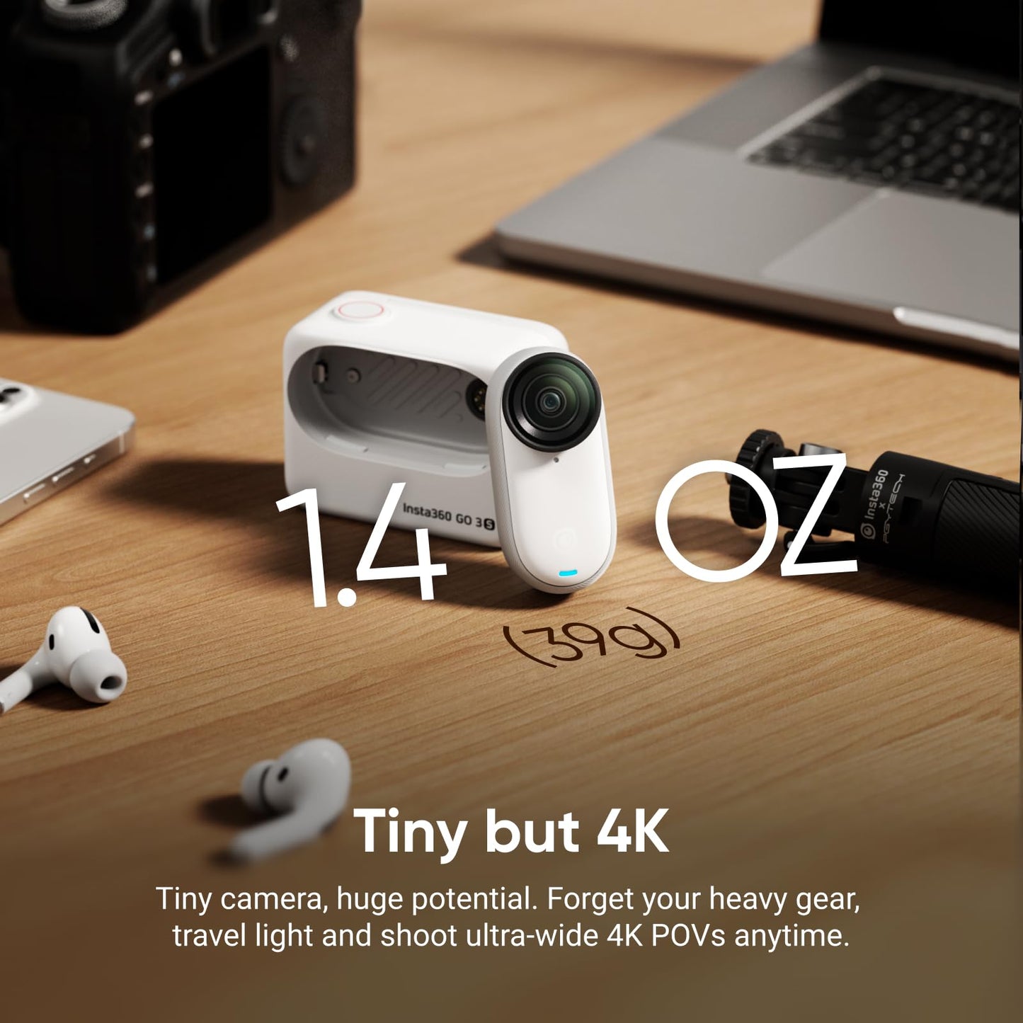 Insta360 GO 3S - 128 GB Black 4K Tiny Portable Vlogging Camera, Hands-Free POVs, Mount Anywhere, Stabilization, 140 Min Battery Life, 10m Waterproof, Pet POV